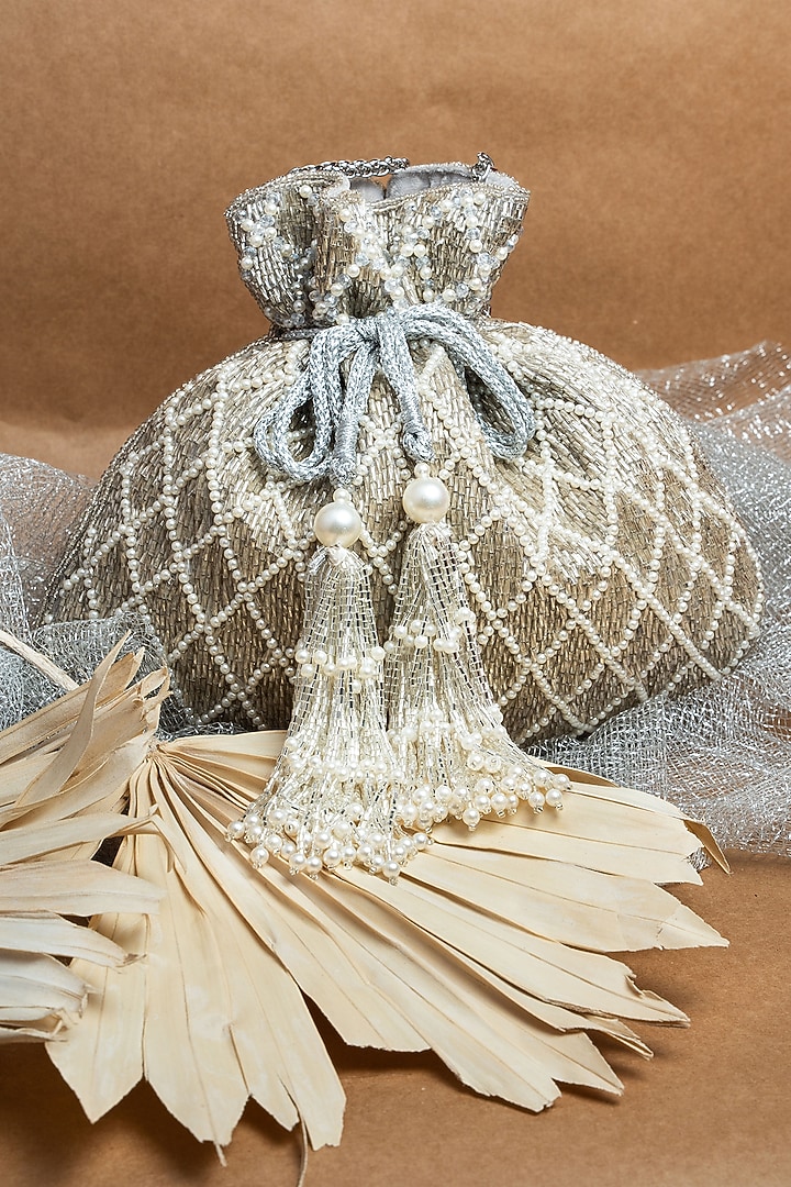Silver Suede Pearl Work Potli by Nayaab by Sonia at Pernia's Pop Up Shop