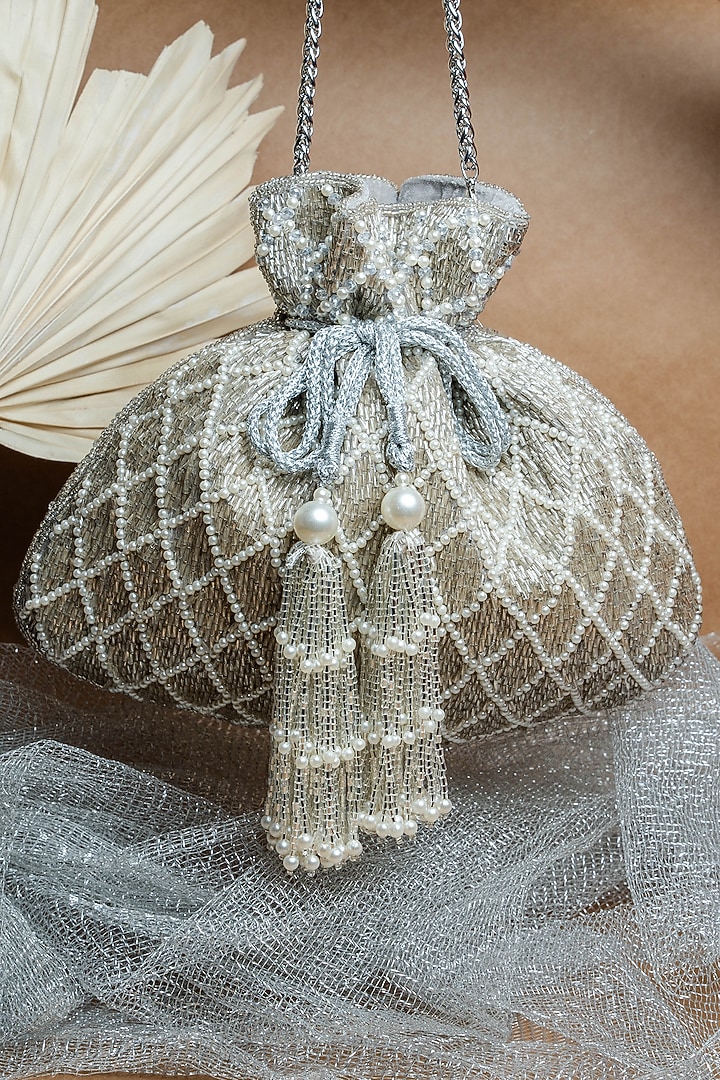 Silver Suede Pearl Work Potli by Nayaab by Sonia at Pernia's Pop Up Shop