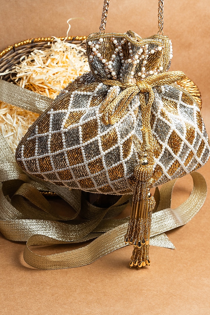 Silver & Gold Shaded Suede Pearl Work Potli by Nayaab by Sonia at Pernia's Pop Up Shop