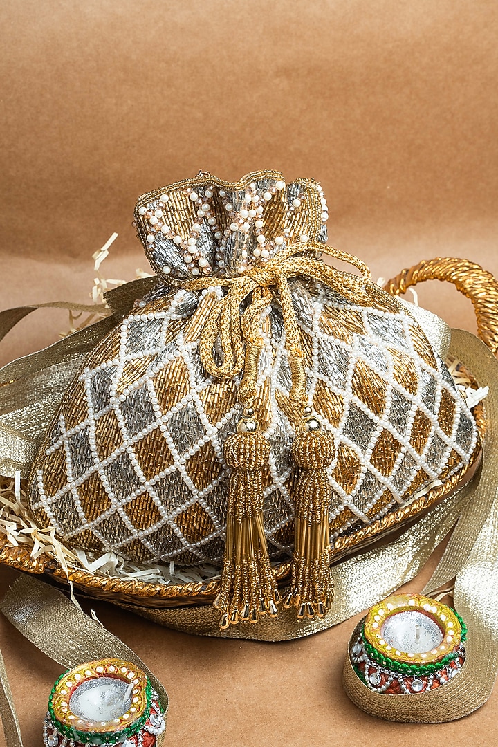 Silver & Gold Shaded Suede Pearl Work Potli by Nayaab by Sonia at Pernia's Pop Up Shop