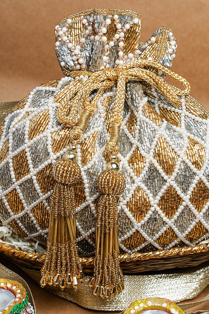 Silver & Gold Shaded Suede Pearl Work Potli by Nayaab by Sonia at Pernia's Pop Up Shop