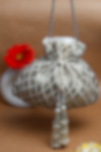 Silver & White Shaded Suede Pearl Work Potli by Nayaab by Sonia at Pernia's Pop Up Shop