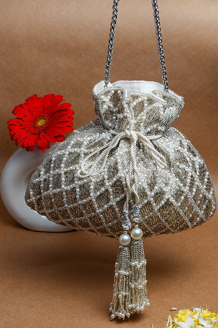 Silver & White Shaded Suede Pearl Work Potli by Nayaab by Sonia at Pernia's Pop Up Shop