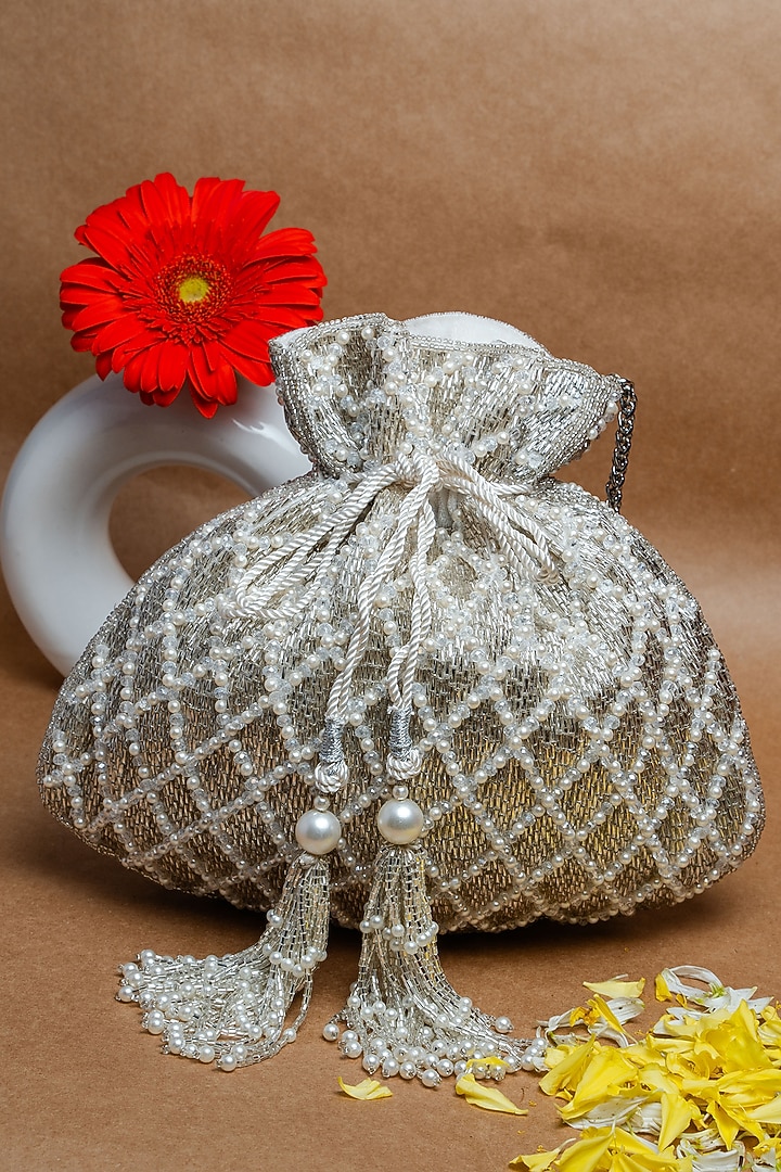 Silver & White Shaded Suede Pearl Work Potli by Nayaab by Sonia at Pernia's Pop Up Shop