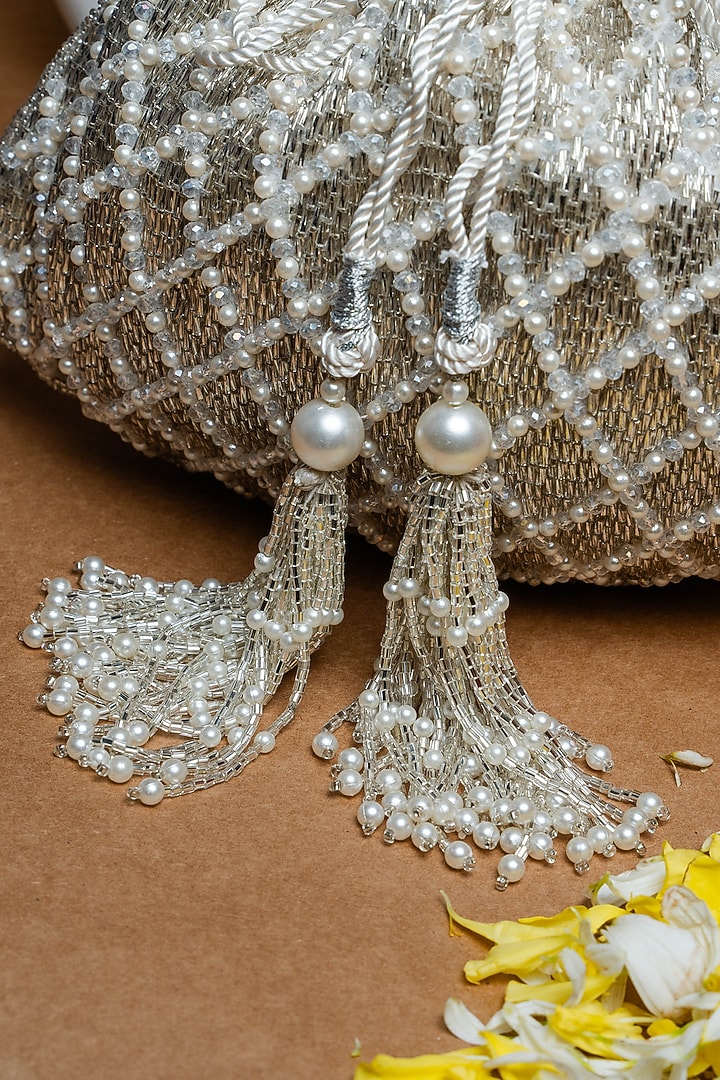 Silver & White Shaded Suede Pearl Work Potli by Nayaab by Sonia at Pernia's Pop Up Shop