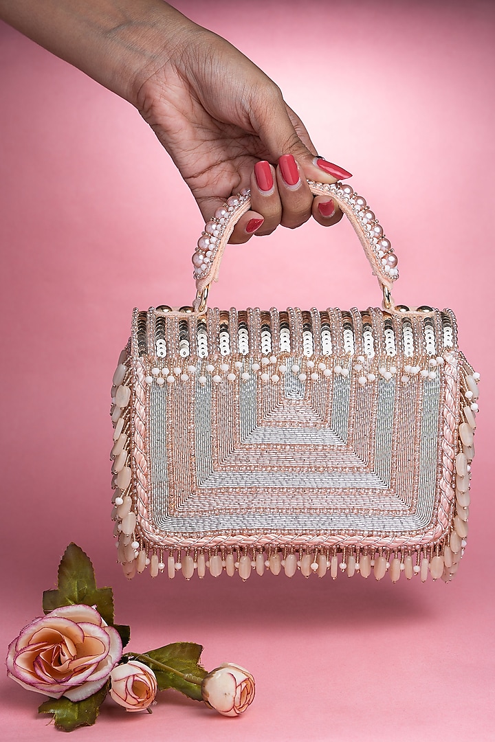 Pink & Silver Silk Sequins Work Box Clutch by Nayaab by Sonia at Pernia's Pop Up Shop