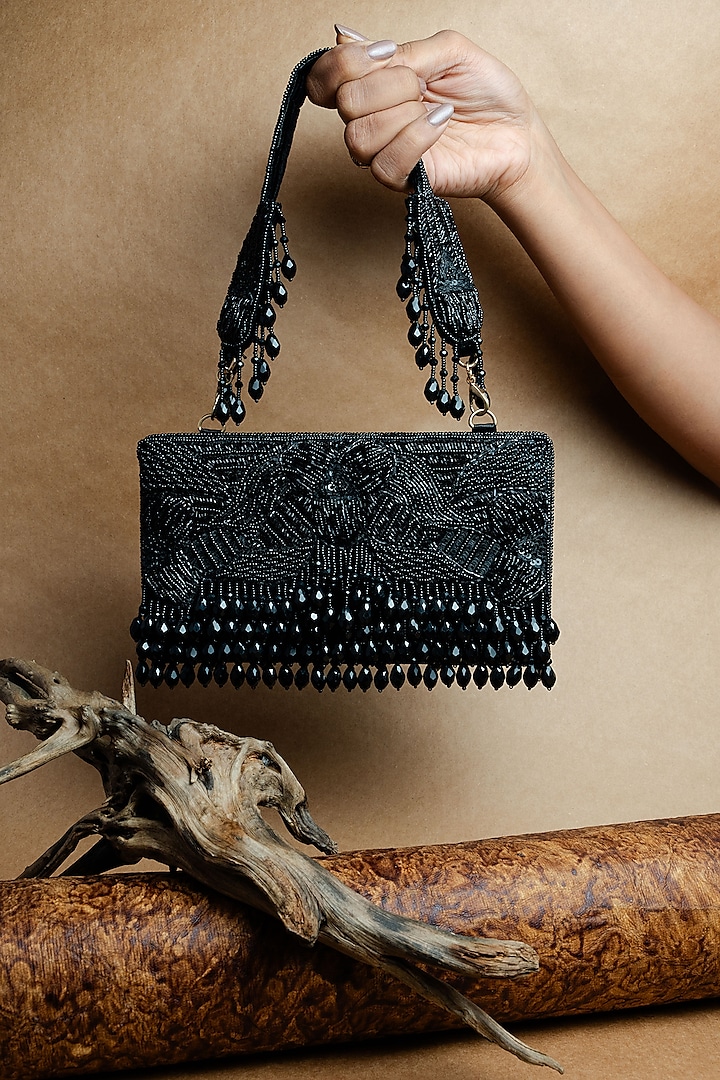 Black Suede Bead Work Box Clutch by Nayaab by Sonia at Pernia's Pop Up Shop