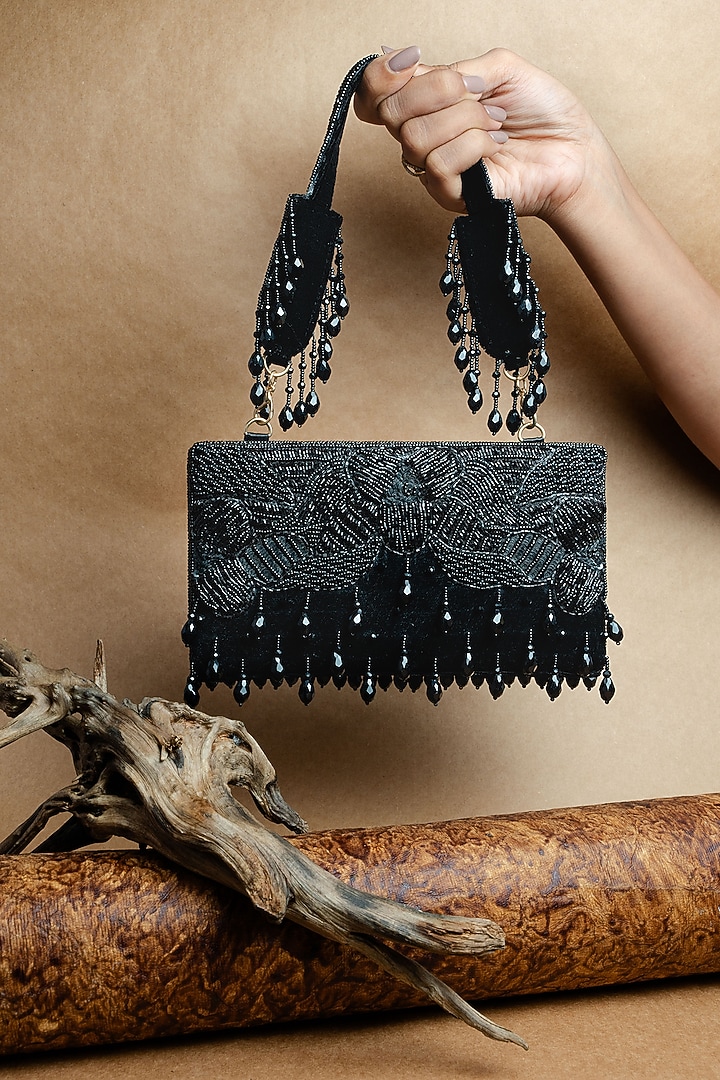 Black Suede Bead Work Box Clutch by Nayaab by Sonia at Pernia's Pop Up Shop