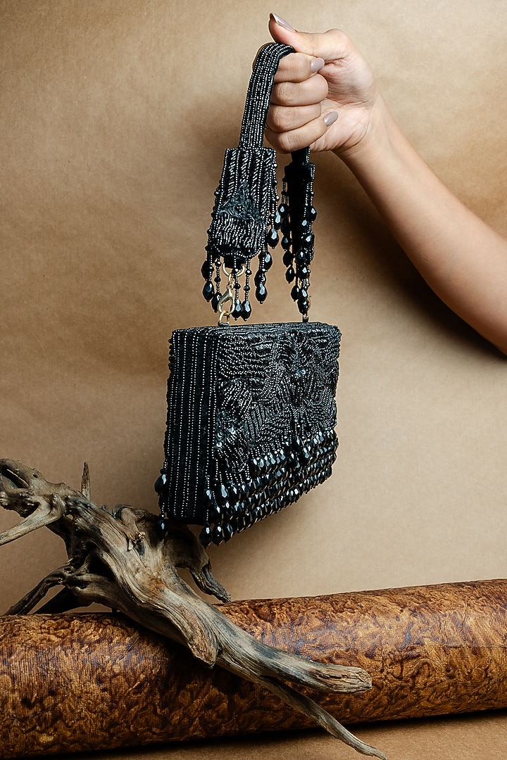 Black Suede Bead Work Box Clutch by Nayaab by Sonia at Pernia's Pop Up Shop