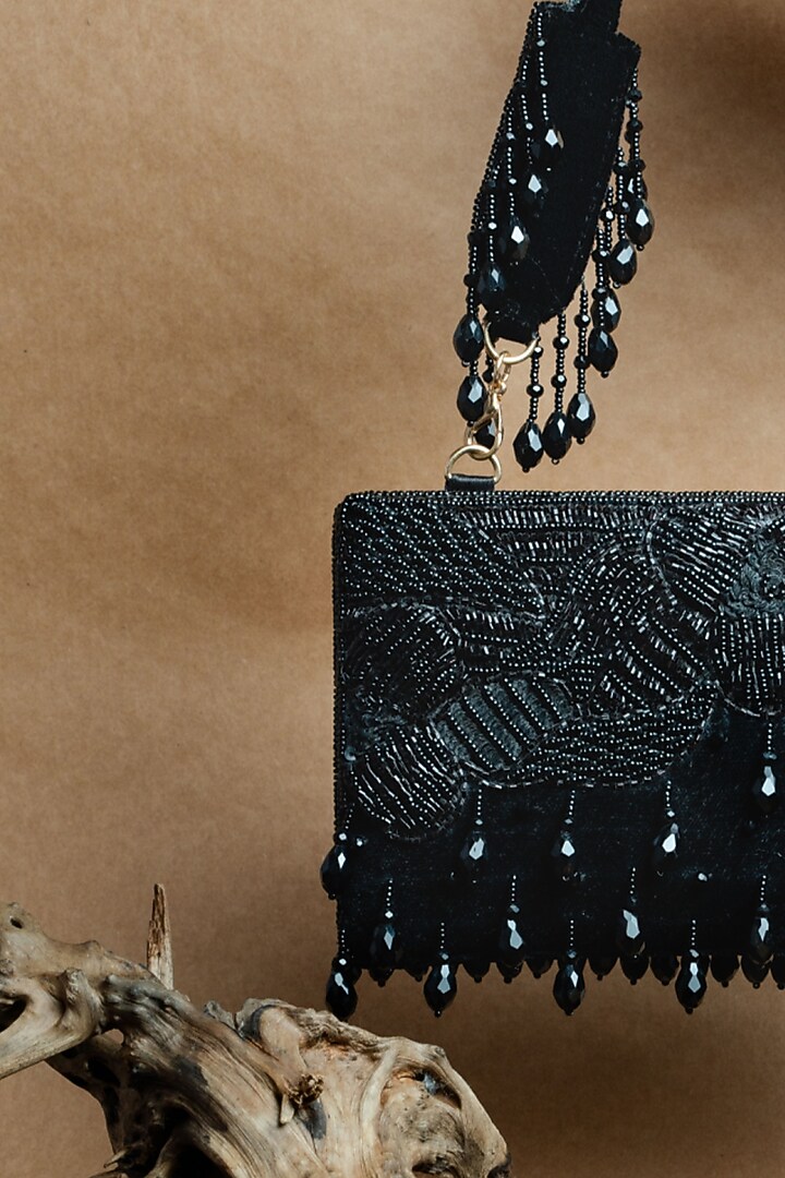 Black Suede Bead Work Box Clutch by Nayaab by Sonia at Pernia's Pop Up Shop