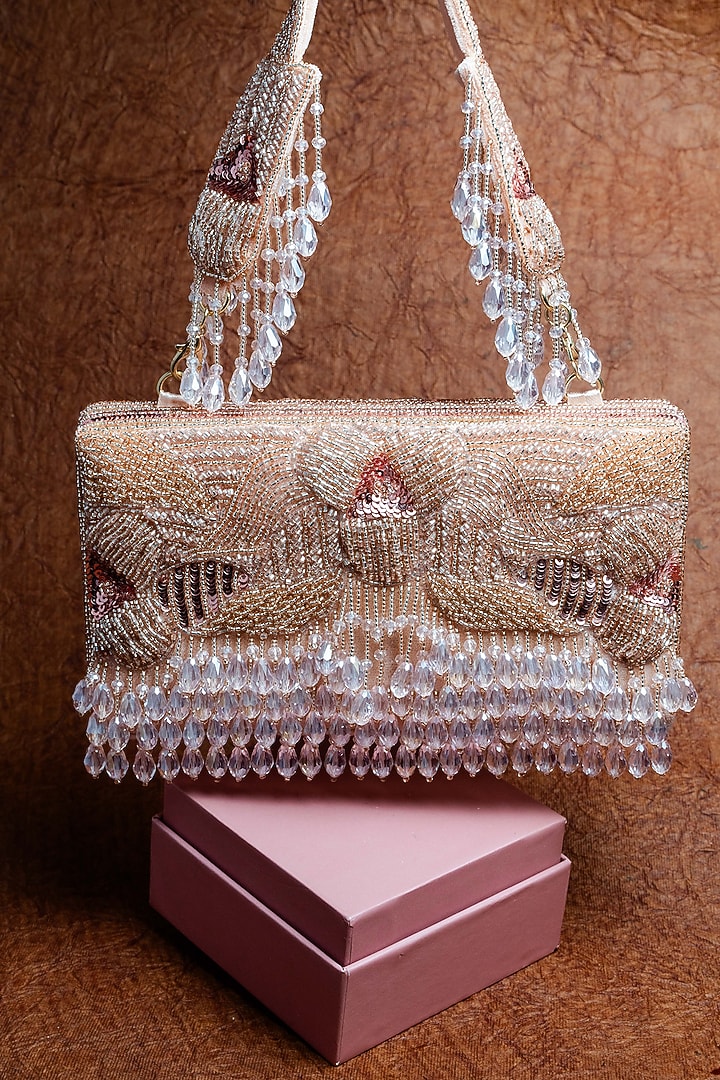 Rose Pink Suede Bead Work Box Clutch by Nayaab by Sonia at Pernia's Pop Up Shop