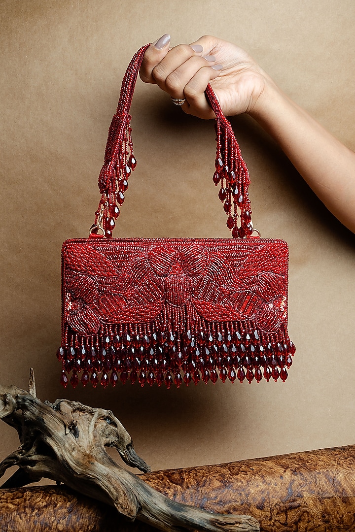 Red Suede Bead Work Box Clutch by Nayaab by Sonia at Pernia's Pop Up Shop