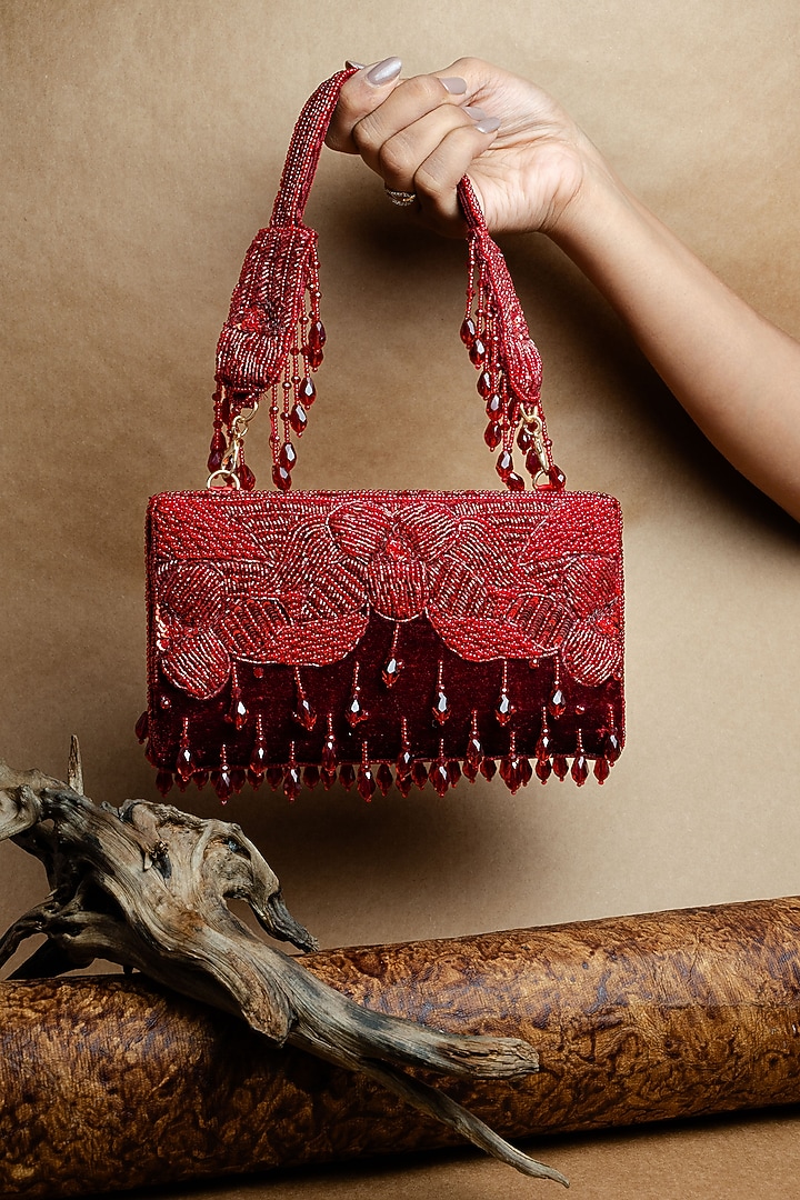 Red Suede Bead Work Box Clutch by Nayaab by Sonia at Pernia's Pop Up Shop