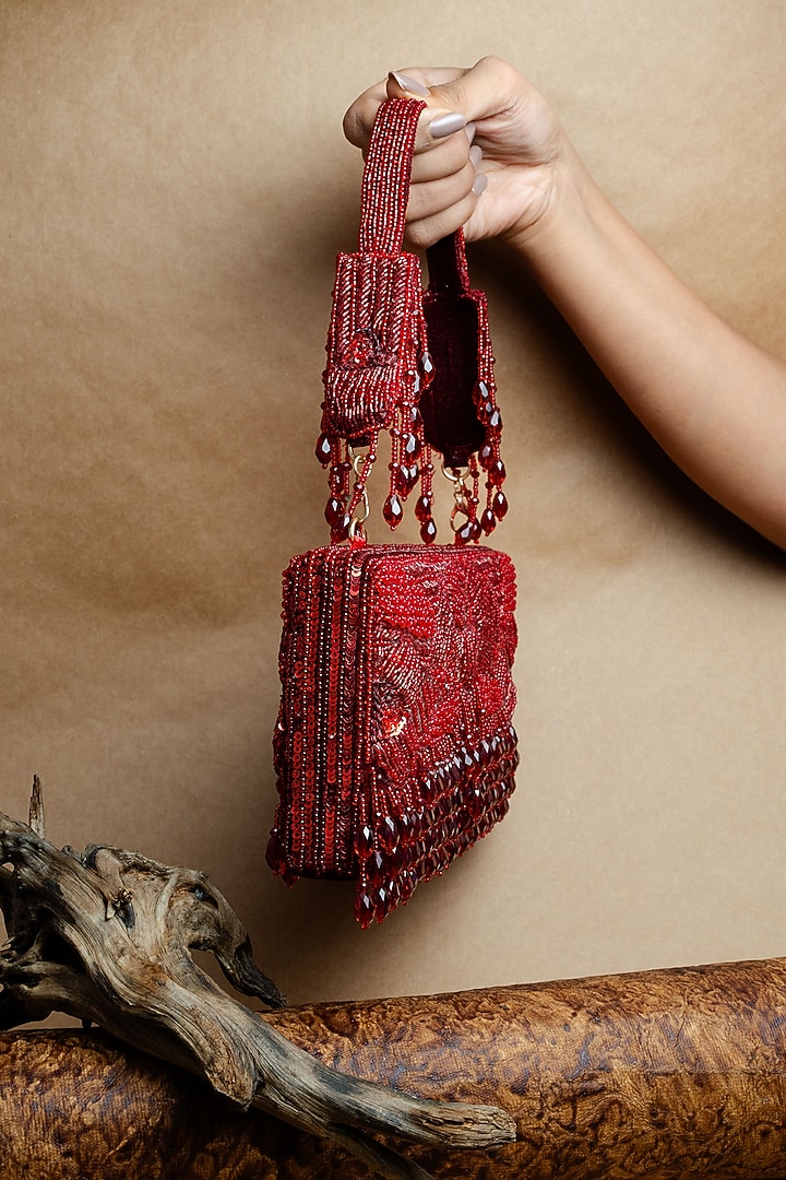 Red Suede Bead Work Box Clutch by Nayaab by Sonia at Pernia's Pop Up Shop