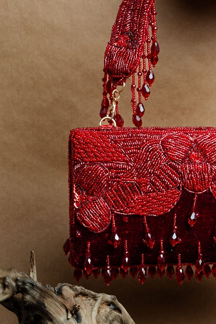 Red Suede Bead Work Box Clutch by Nayaab by Sonia at Pernia's Pop Up Shop