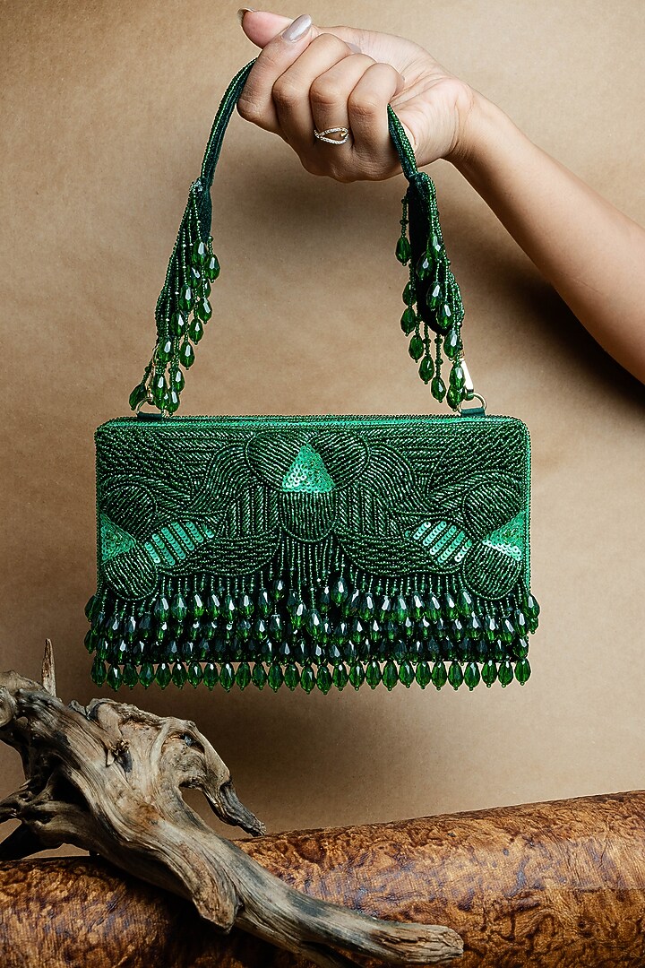 Green Suede Bead Work Box Clutch by Nayaab by Sonia at Pernia's Pop Up Shop