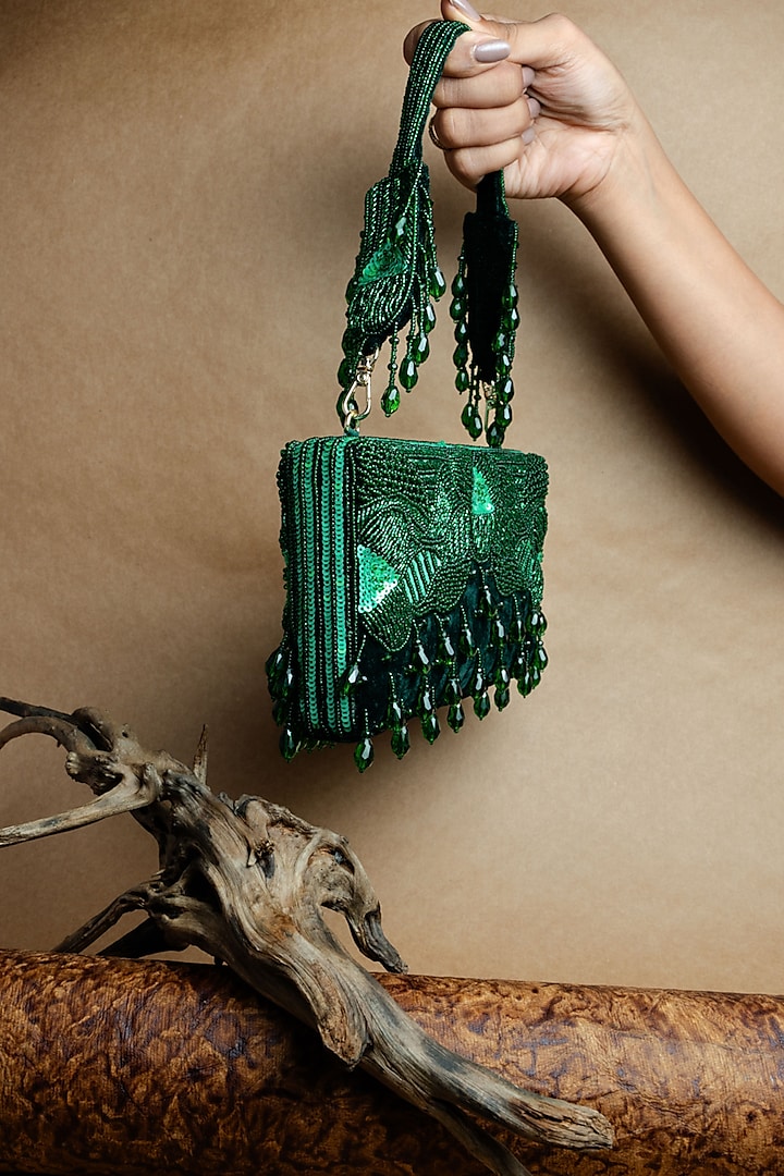 Green Suede Bead Work Box Clutch by Nayaab by Sonia at Pernia's Pop Up Shop