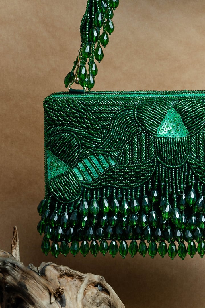 Green Suede Bead Work Box Clutch by Nayaab by Sonia at Pernia's Pop Up Shop