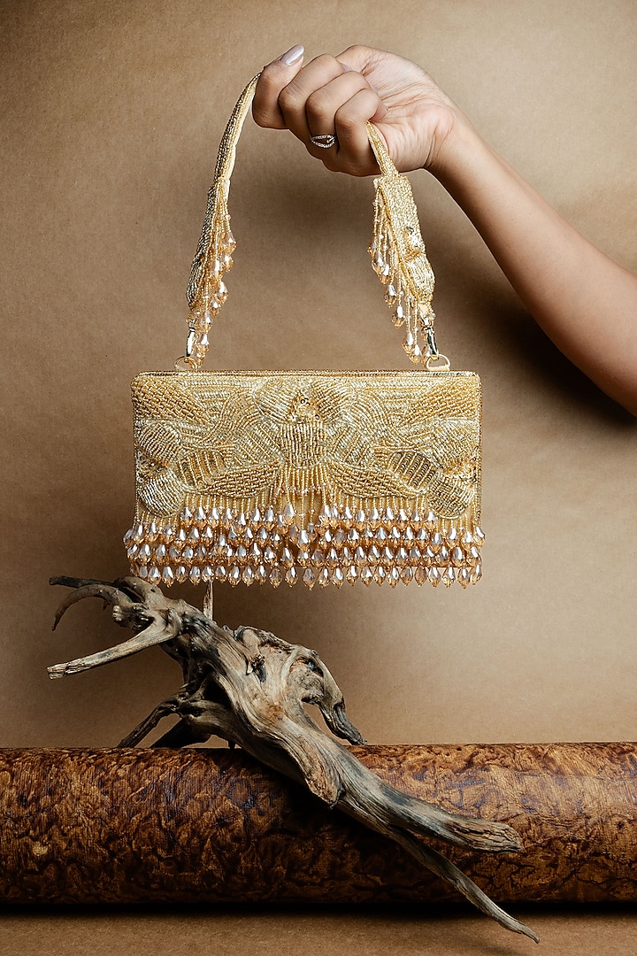 Gold Suede Bead Work Box Clutch by Nayaab by Sonia at Pernia's Pop Up Shop