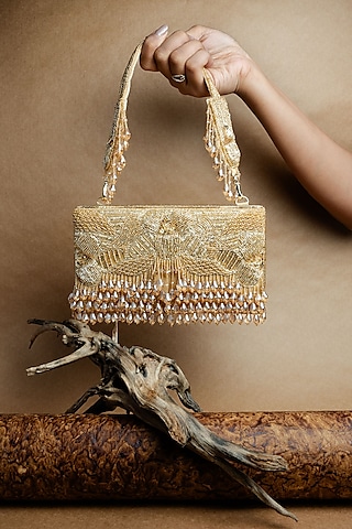 Gold Suede Bead Work Box Clutch by Nayaab by Sonia