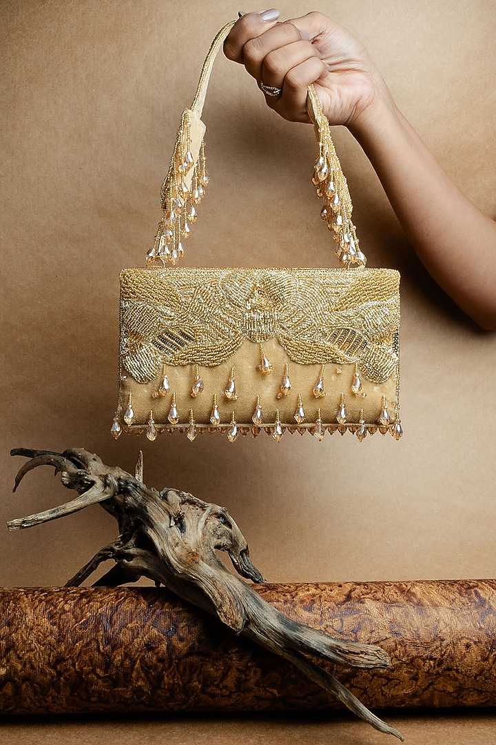 Gold Suede Bead Work Box Clutch by Nayaab by Sonia at Pernia's Pop Up Shop