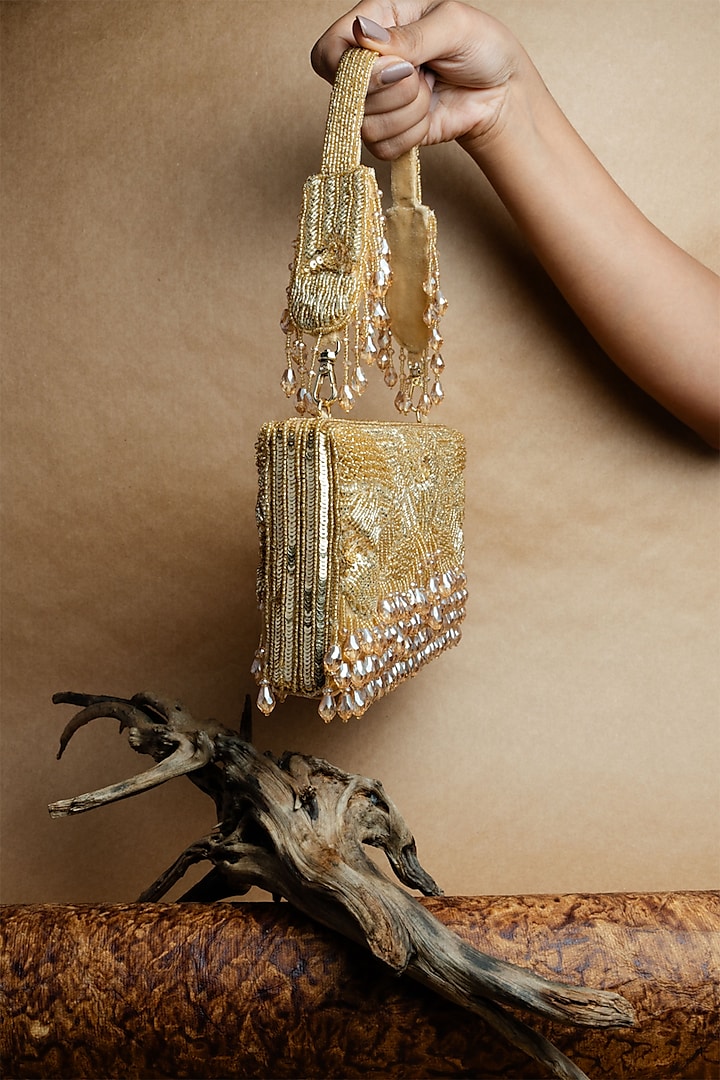 Gold Suede Bead Work Box Clutch by Nayaab by Sonia at Pernia's Pop Up Shop