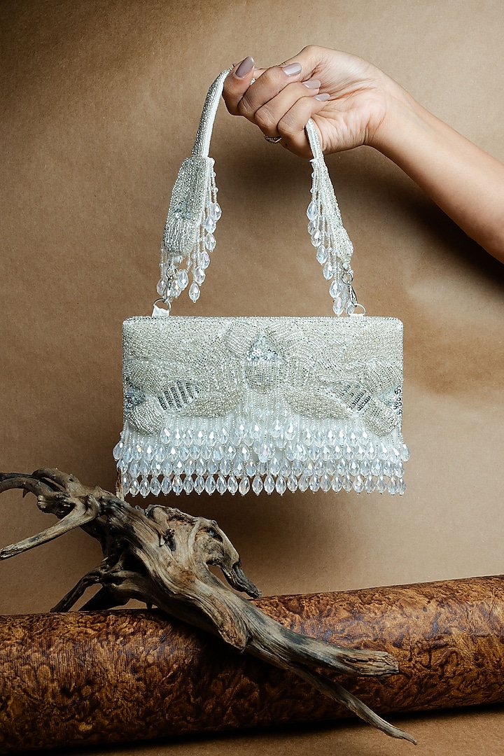 Silver Suede Bead Work Box Clutch by Nayaab by Sonia at Pernia's Pop Up Shop