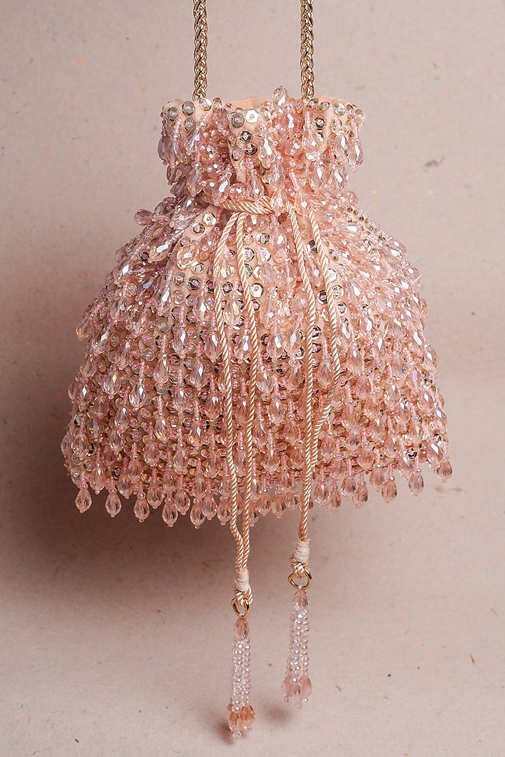 Rose Pink Suede Sequins & Bead Work Potli by Nayaab by Sonia at Pernia's Pop Up Shop