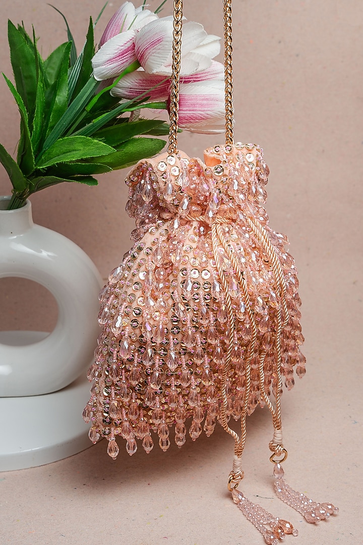 Rose Pink Suede Sequins & Bead Work Potli by Nayaab by Sonia at Pernia's Pop Up Shop