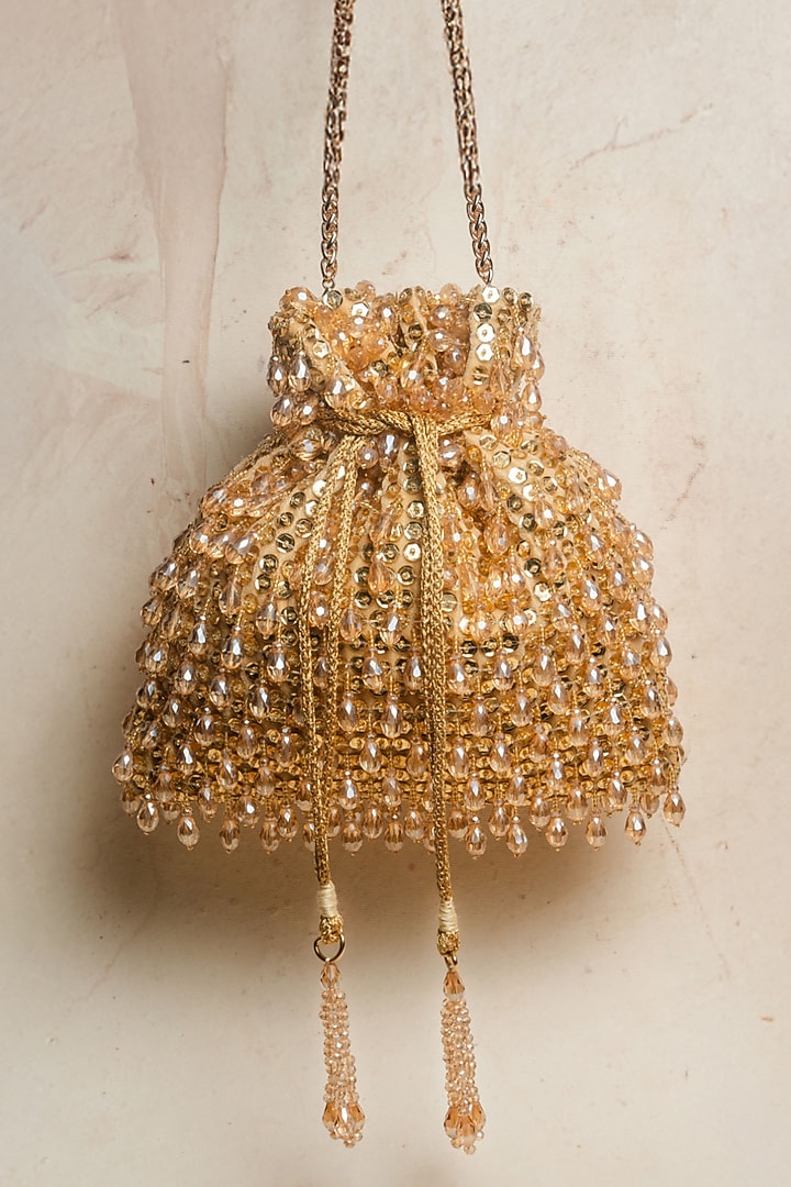 Gold Suede Sequins & Bead Work Potli by Nayaab by Sonia at Pernia's Pop Up Shop