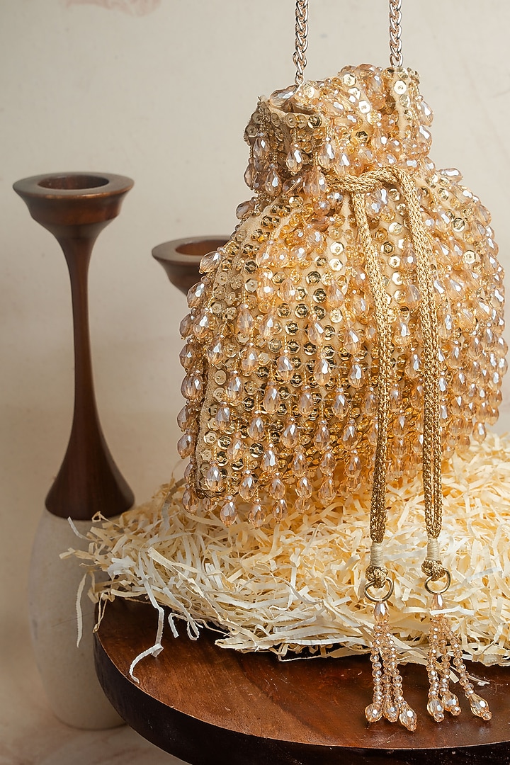 Gold Suede Sequins & Bead Work Potli by Nayaab by Sonia at Pernia's Pop Up Shop