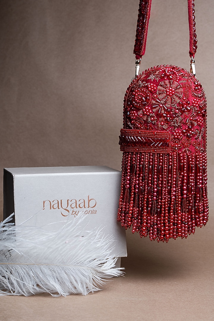 Red Suede Bead Work Box Clutch by Nayaab by Sonia at Pernia's Pop Up Shop
