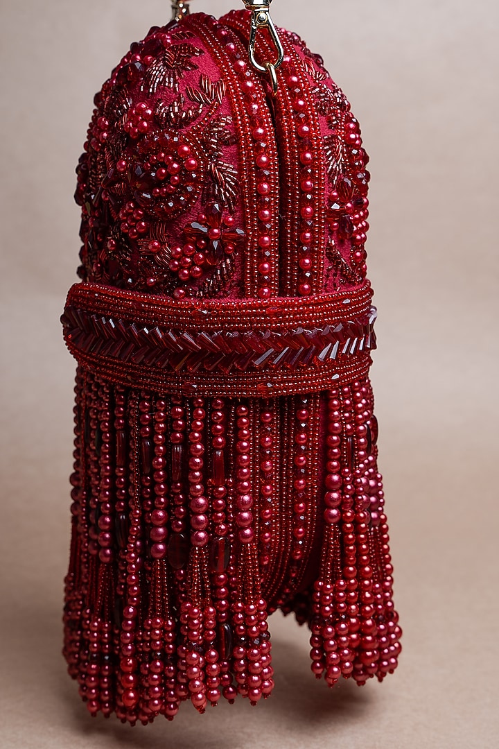 Red Suede Bead Work Box Clutch by Nayaab by Sonia at Pernia's Pop Up Shop