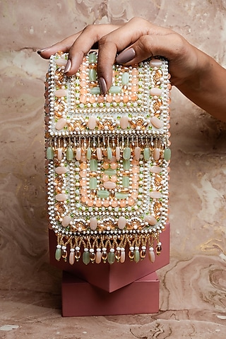 Pastel Suede Bead Work Box Clutch by Nayaab by Sonia
