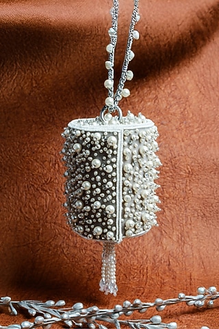 Ivory Suede Pearl Work Clutch by Nayaab by Sonia