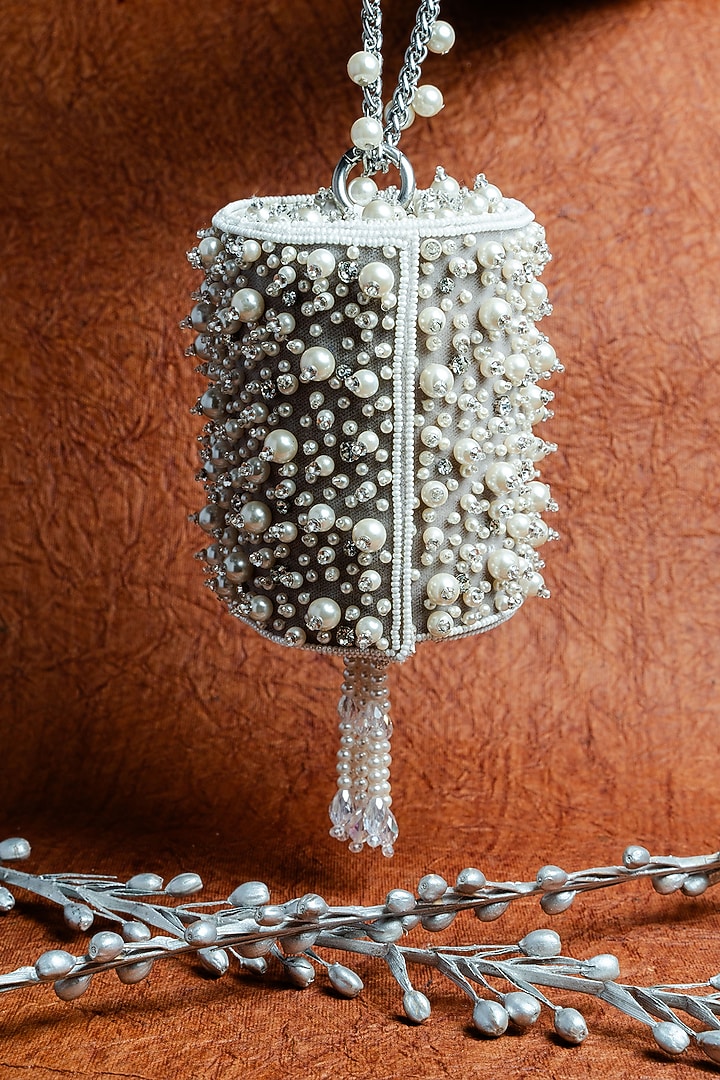 Ivory Suede Pearl Work Clutch by Nayaab by Sonia at Pernia's Pop Up Shop