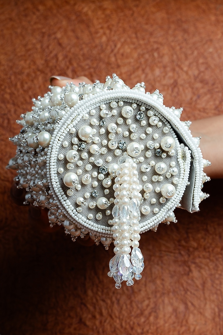 Ivory Suede Pearl Work Clutch by Nayaab by Sonia at Pernia's Pop Up Shop
