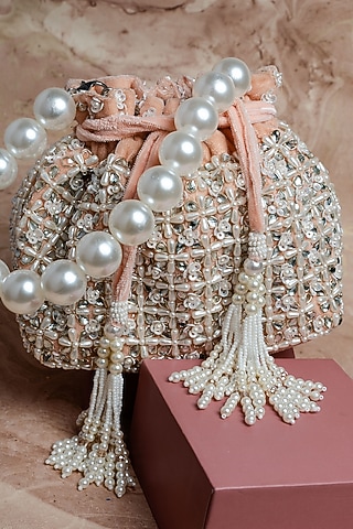 Blush Pink Velvet Pearl Work Potli by Nayaab by Sonia