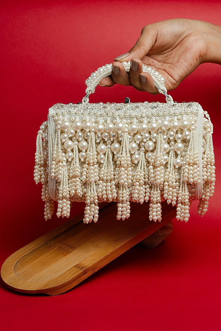 Pearl White Velvet Bead Work Box Clutch by Nayaab by Sonia at Pernia's Pop Up Shop