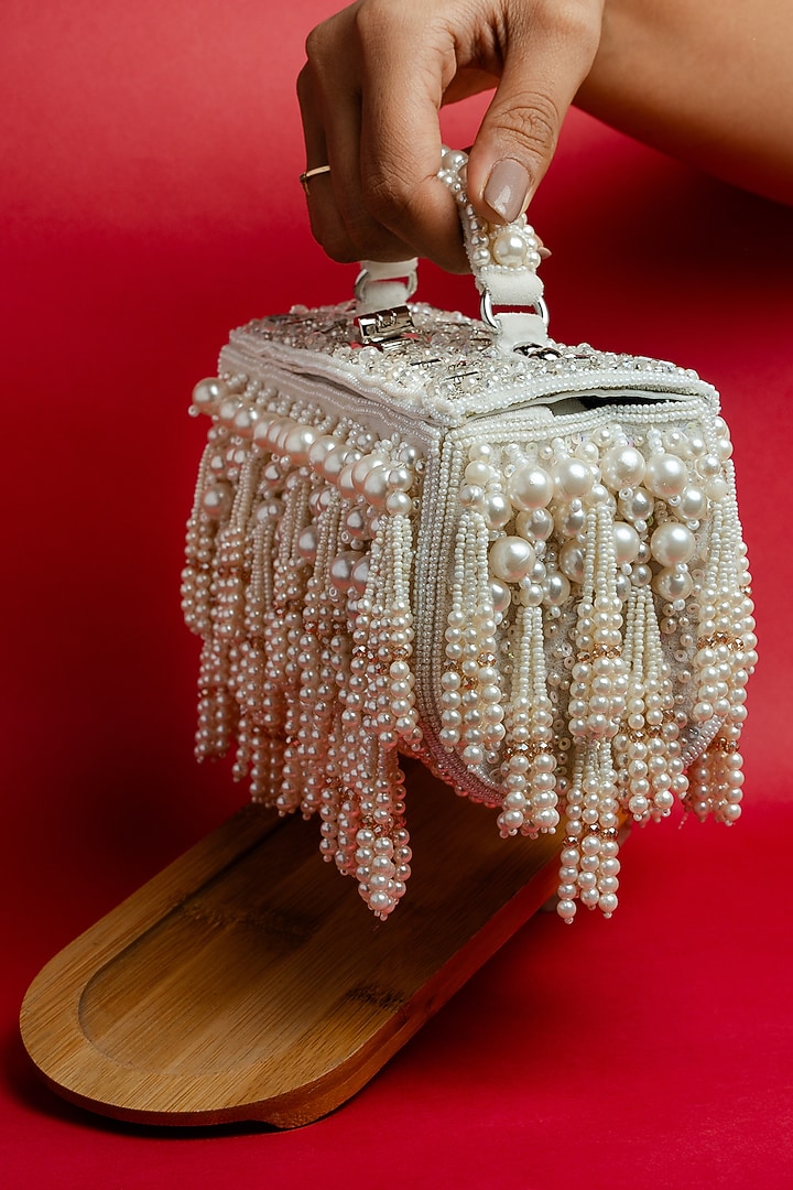 Pearl White Velvet Bead Work Box Clutch by Nayaab by Sonia at Pernia's Pop Up Shop