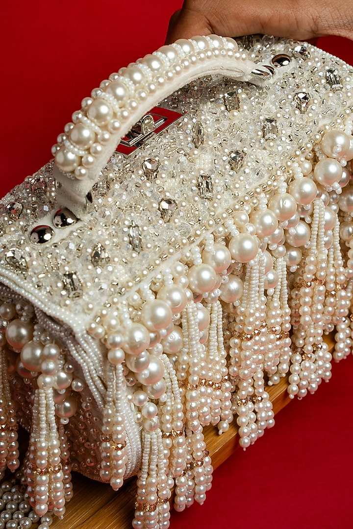Pearl White Velvet Bead Work Box Clutch by Nayaab by Sonia at Pernia's Pop Up Shop