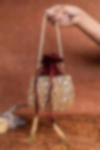 Maroon Silk Kundan Embroidered Bucket Bag by Nayaab by Sonia at Pernia's Pop Up Shop