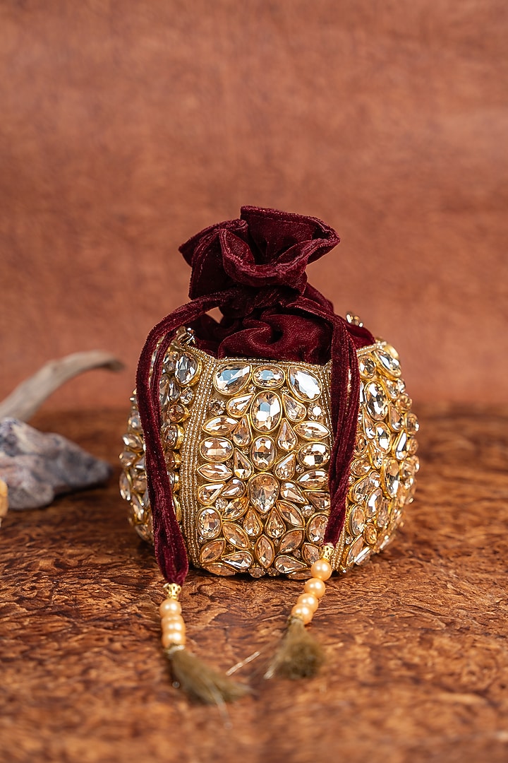 Maroon Silk Kundan Embroidered Bucket Bag by Nayaab by Sonia at Pernia's Pop Up Shop