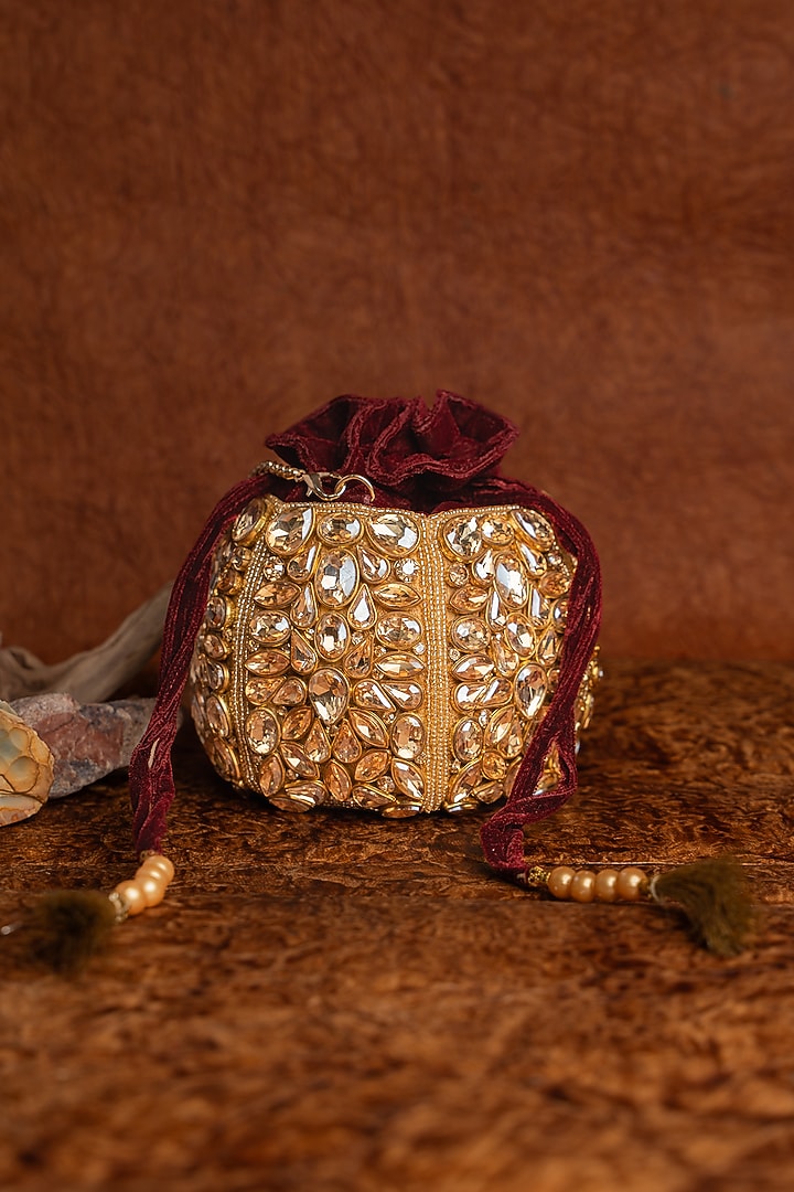 Maroon Silk Kundan Embroidered Bucket Bag by Nayaab by Sonia at Pernia's Pop Up Shop