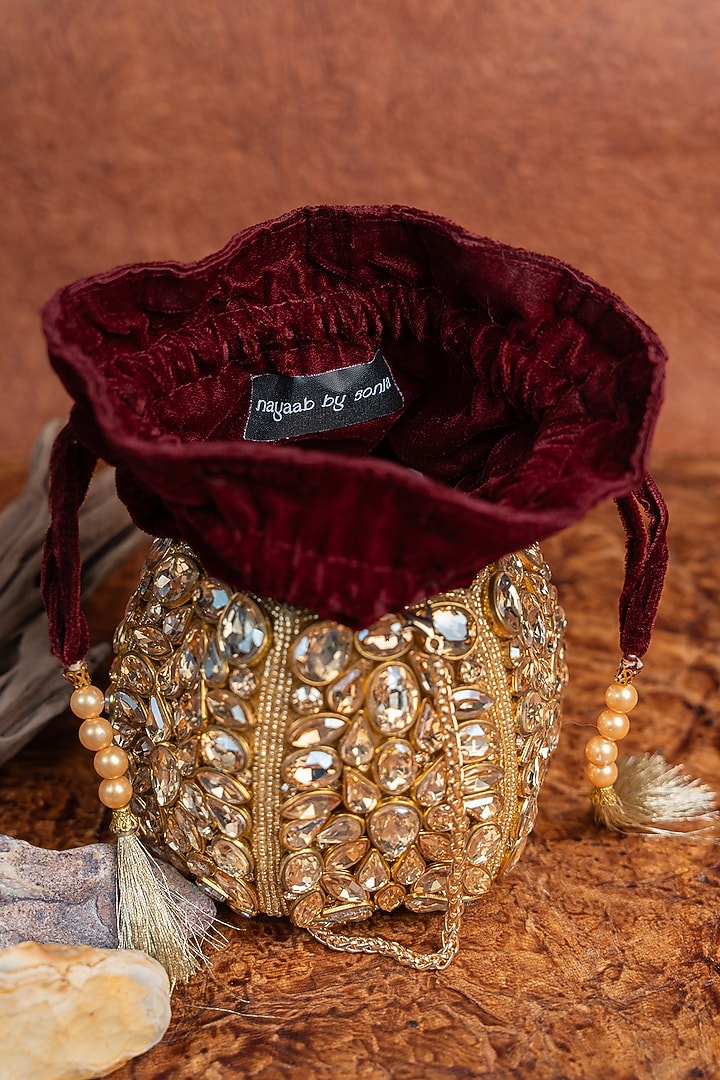 Maroon Silk Kundan Embroidered Bucket Bag by Nayaab by Sonia at Pernia's Pop Up Shop