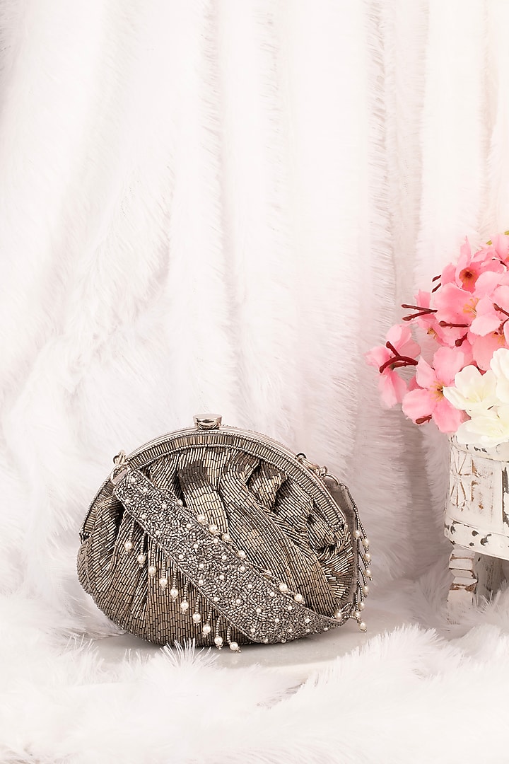 Pewter Silk Bead Embroidered Potli by Nayaab by Sonia at Pernia's Pop Up Shop