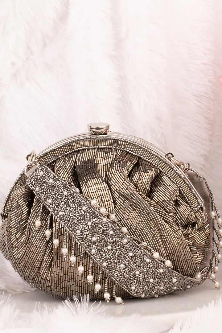 Pewter Silk Bead Embroidered Potli by Nayaab by Sonia at Pernia's Pop Up Shop