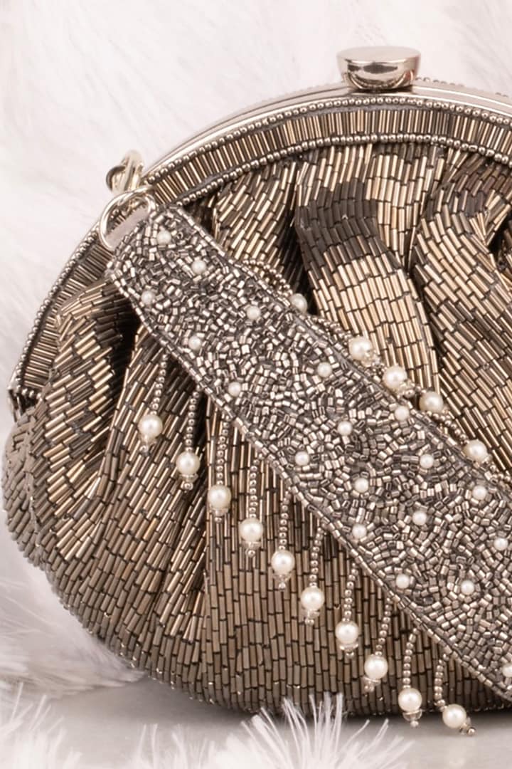 Pewter Silk Bead Embroidered Potli by Nayaab by Sonia at Pernia's Pop Up Shop