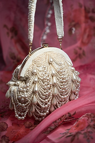 White Suede Pearl Work Clutch by Nayaab by Sonia