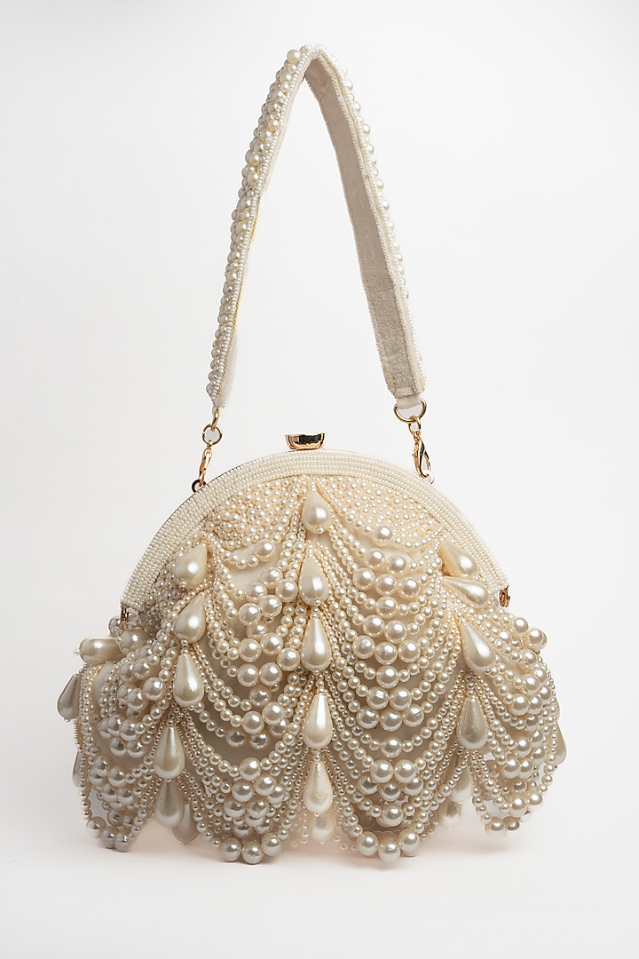 White Suede Pearl Work Clutch by Nayaab by Sonia at Pernia's Pop Up Shop